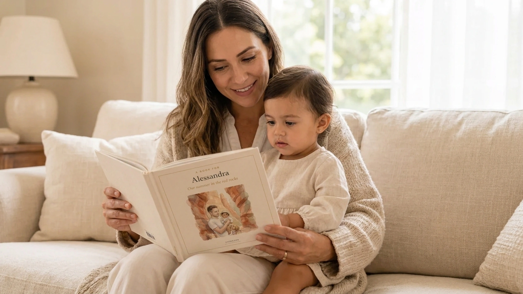 A mother reading a square Alessandra Nidobook with her one-year-old daughter
