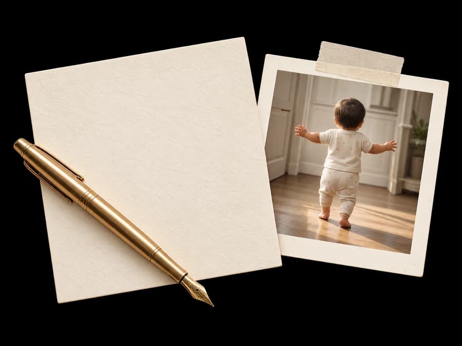 A family photograph, a memory note and a brass fountain pen