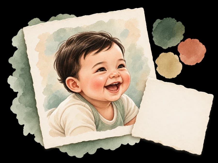 A smiling child's watercolor portrait with soft paint swatches and a note