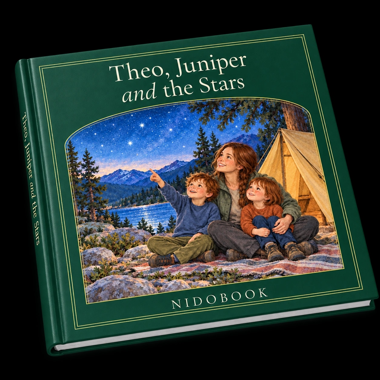 Three-dimensional hardcover of Theo, Juniper and the Stars, showing its rigid boards, printed spine and page edges