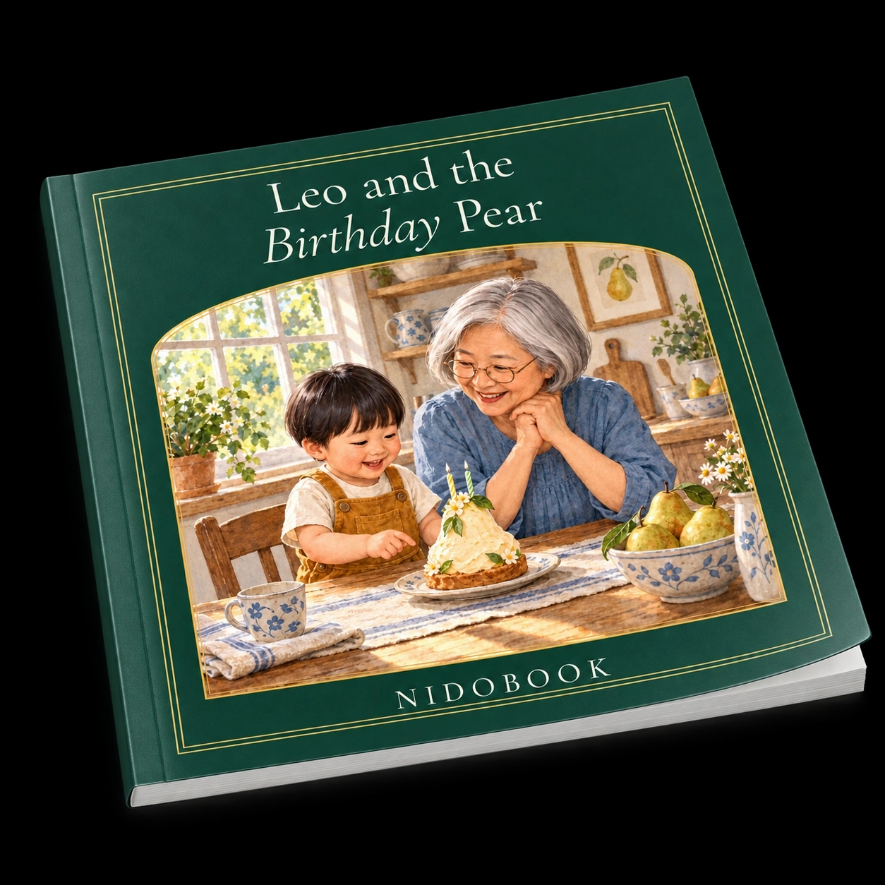 Three-dimensional softcover of Leo and the Birthday Pear, showing its flexible cover and fine page edges